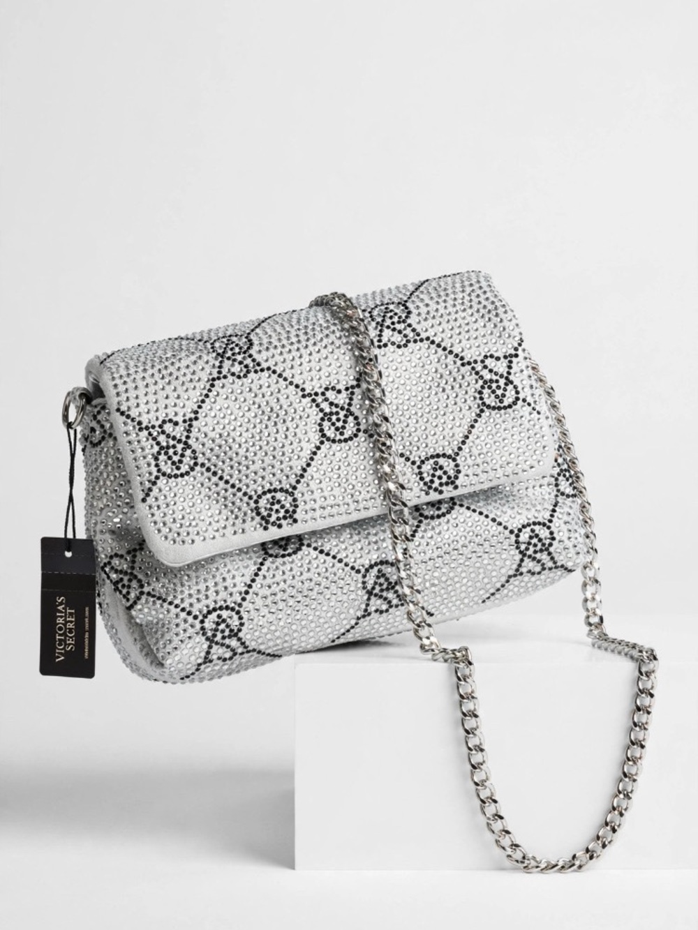 Victoria's Secret Silver Crystal Chain Shoulder Bag with Black Pattern